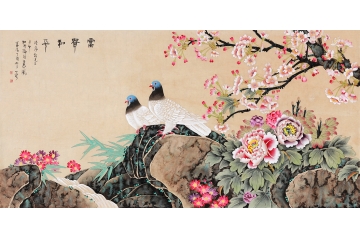 王一容新品佳作四尺横幅牡丹鸽子图《富贵和平》