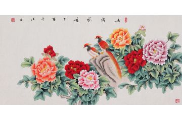 张洪山新品国画牡丹图《鸟语花香》