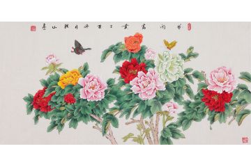 国画牡丹图 张洪山新品牡丹蝴蝶图《花开富贵》