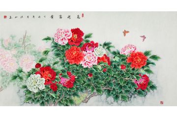 送领导六尺横幅酒店国画牡丹张洪山工笔花鸟画-【易从网】