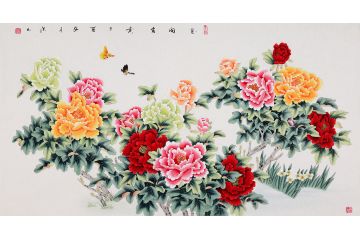 张洪山工笔画牡丹图《花开富贵》