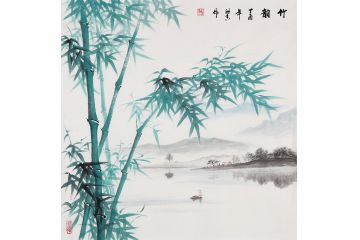 国画竹石图 刘海青新品斗方山水画《竹韵》
