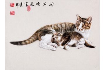 客厅装饰画 王建辉【精品】工笔动物画 国画猫《母子情深》