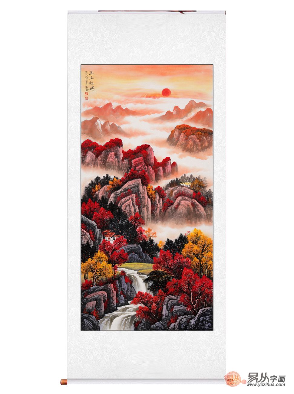 刘燕姣四尺竖幅鸿运当头山水画万山红遍开门鸿运迎福纳吉