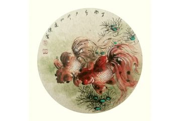 中美协会员蓝健康斗方画《双鱼图》之四