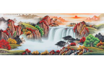 旺财图 刘燕姣手绘八尺山水画作品《流水生财》