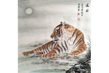 当代画家肖亚威四尺斗方工笔动物画虎《遥思》