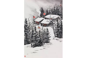 当代名家吴大恺雪景山水画《雪中温情》