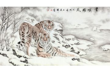 “虎王新秀”王建辉六尺横幅动物画 老虎图《雪域雄风》