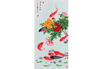 國家一級美術師張洪山牡丹九魚圖《富貴有余》