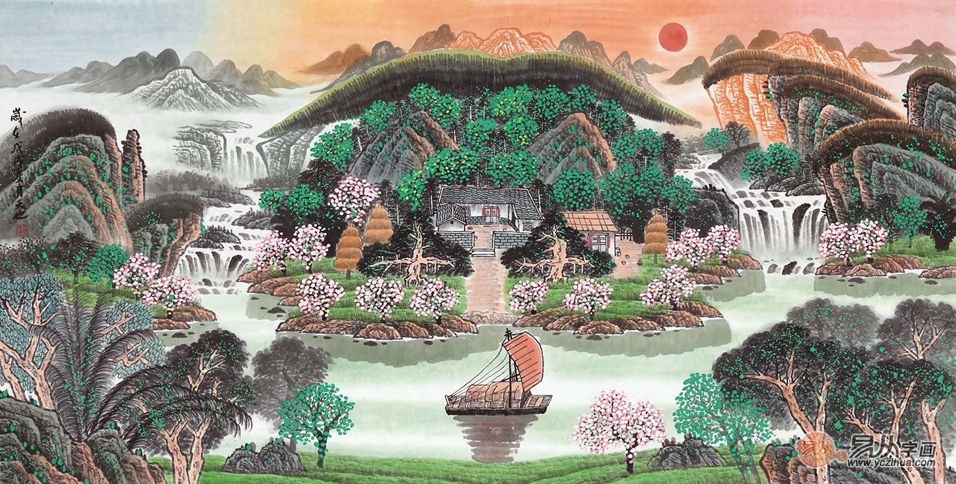 客厅装饰画聚宝盆 易天也山水画作品《春山富水图》