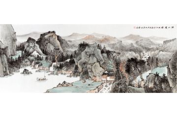 李佩锦六尺横幅写意山水画作品《溪山揽胜》