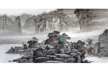 林德坤写意山水画四尺横幅作品《一帆风顺》