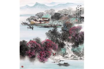 诸明江南写意山水画《江波蘸岸绿堪染 山色迎人秀可餐》