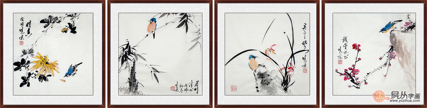 郑晓京精品写意国画四君子《梅兰竹菊》梅有寒香竹有风,小斋日日总春