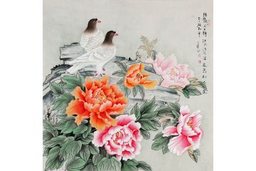 王一容斗方花鸟画牡丹鸽子图《绿艳闲且静,红衣浅复深》