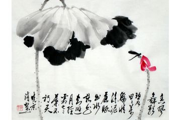 水墨荷花 實力派畫家鄭曉京《紅荷蜻蜓》
