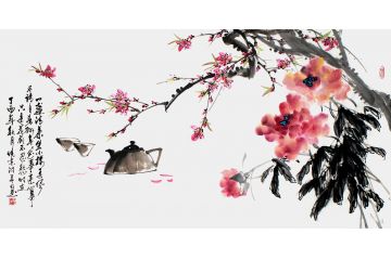 收藏推荐 郑晓京四尺横幅诗画作品《花间一壶茶》