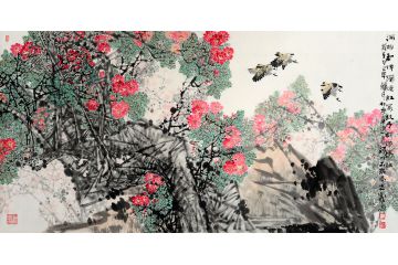 中美协画家王忠义国画花鸟画《满树和娇烂漫红》