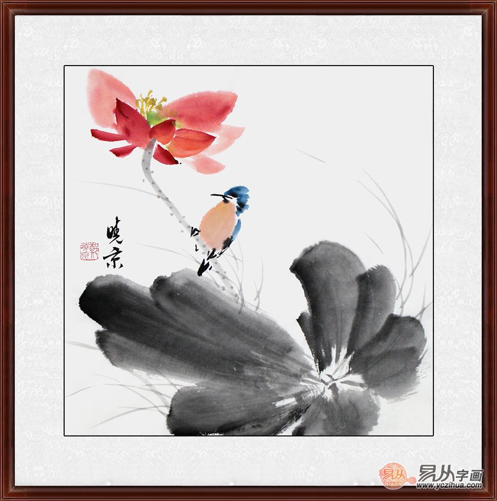画家郑晓京写意荷花作品《朱红三色荷》