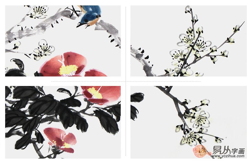 郑晓京老师精品国画推荐《山茶白梅》