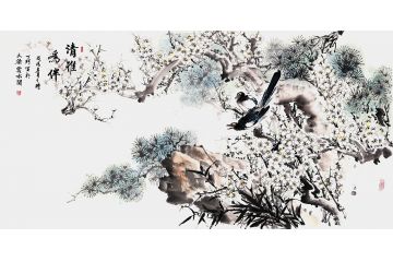 丁珂四尺横幅喜鹊、梅花、松树作品《清雅为伴》