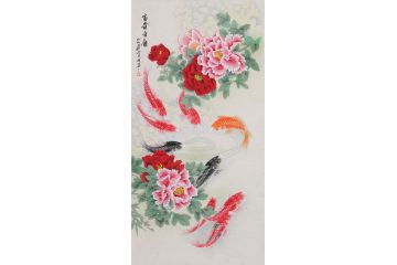 畫家羽墨新品工筆牡丹九魚圖《富貴有余》