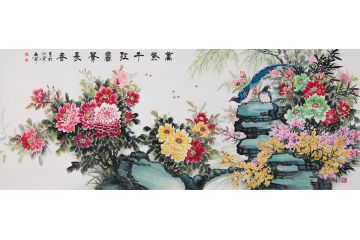 送领导八尺横幅客厅国画牡丹石开花鸟画-【易从网】