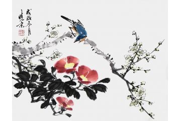 郑晓京老师精品国画澳门葡京《山茶白梅》