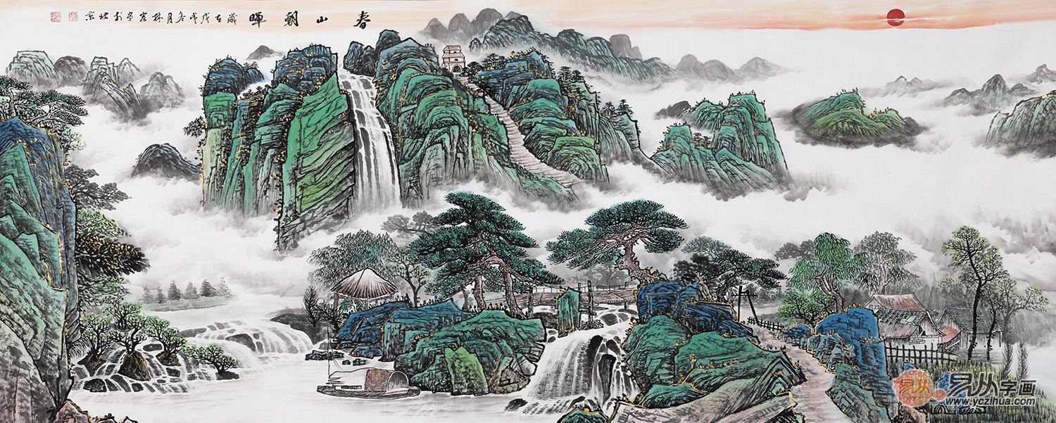 李林宏新品创作八尺横幅青绿山水画《春山朝晖》