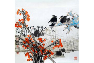 中美协画家王忠义国画花鸟画作品《秋日红实似繁花》