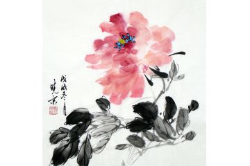 郑晓京新品斗方写意花鸟画《牡丹》