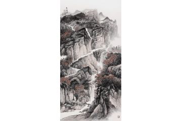 李国胜四尺竖幅新品国画山水画《秋山观瀑》