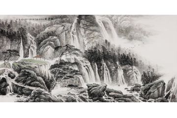 李国胜新品力作写意国画山水画作品《观瀑图》
