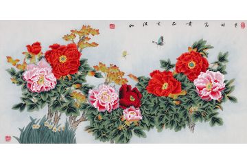 张洪山老师工笔牡丹蝴蝶图《花开富贵》