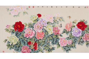 国画牡丹图 张洪山六尺横幅佳作《花开富贵》