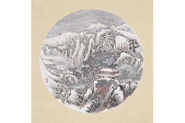 中美協張林榮國畫斗方雪景小品畫《初雪》