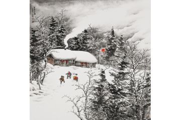 吴大恺新品力作斗方山水画雪景图《童年冬趣》图片