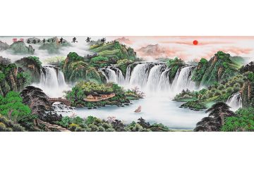 聚宝盆流水生财 宋唐国画山水画《紫气东来》