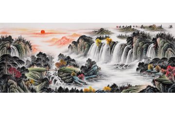 宋唐新品力作八尺橫幅聚寶盆流水生財《源遠流長》