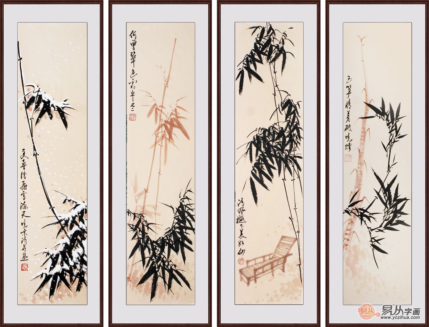 字画收藏 郑晓京老师写意四条屏国画《竹子四条屏》