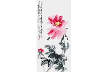 鄭曉京寫意豎幅牡丹國畫《牡丹春醉》