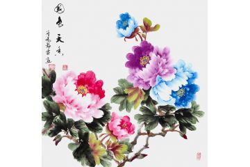 希芸老师写意斗方牡丹国画《国色天香》