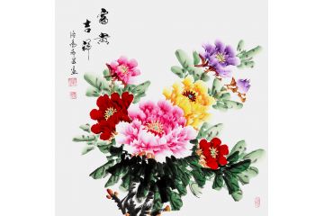 斗方牡丹国画 希芸老师作品《富贵吉祥》