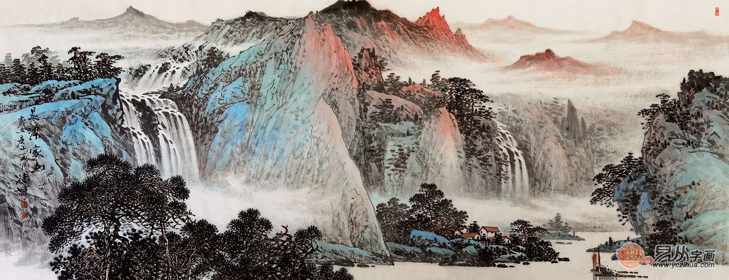 林德坤新品国画创作六尺横幅山水画《晨染家山》