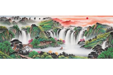 宋唐國畫六尺橫幅聚寶盆流水生財《旭日東昇》