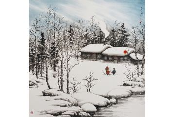 吴大恺新品创作国画雪景山水画《童年冬趣》