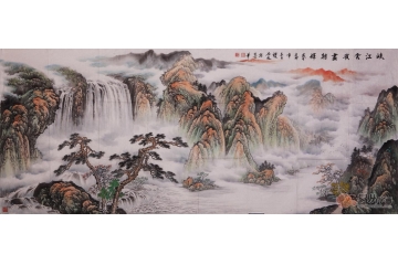 刘雅君八尺横幅山水画作品《峡江云岭尽朝辉》