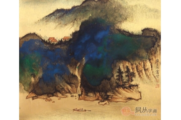 魏金岭小尺竖幅山水画作品《金笺山水画系列之五》