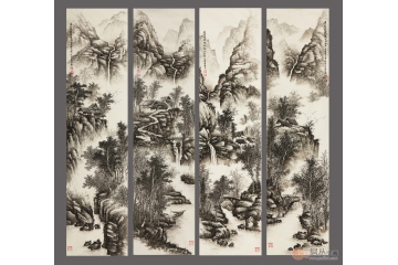 吴大恺四尺条屏山水画作品《山中小景》